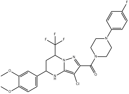 3-chloro-5-(3,4-dimethoxyphenyl)-2-{[4-(4-fluorophenyl)piperazin-1-yl]carbonyl}-7-(trifluoromethyl)-4,5,6,7-tetrahydropyrazolo[1,5-a]pyrimidine 结构式