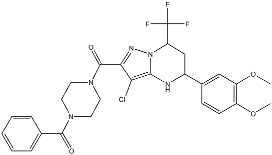 2-[(4-benzoylpiperazin-1-yl)carbonyl]-3-chloro-5-(3,4-dimethoxyphenyl)-7-(trifluoromethyl)-4,5,6,7-tetrahydropyrazolo[1,5-a]pyrimidine 化学構造式