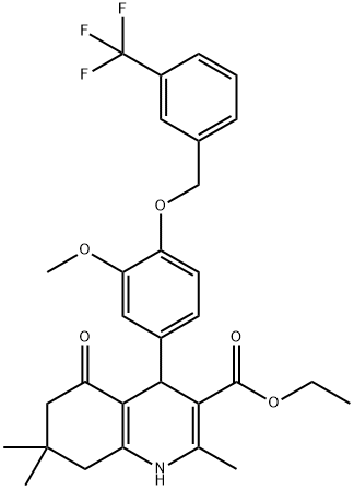 ethyl 4-(3-methoxy-4-{[3-(trifluoromethyl)benzyl]oxy}phenyl)-2,7,7-trimethyl-5-oxo-1,4,5,6,7,8-hexahydro-3-quinolinecarboxylate 化学構造式