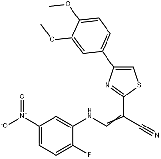 2-[4-(3,4-dimethoxyphenyl)-1,3-thiazol-2-yl]-3-{2-fluoro-5-nitroanilino}acrylonitrile Struktur