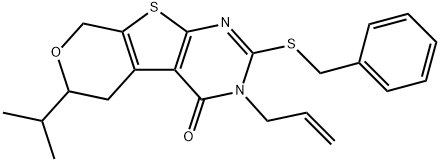 3-allyl-2-(benzylsulfanyl)-6-isopropyl-3,5,6,8-tetrahydro-4H-pyrano[4',3':4,5]thieno[2,3-d]pyrimidin-4-one Struktur
