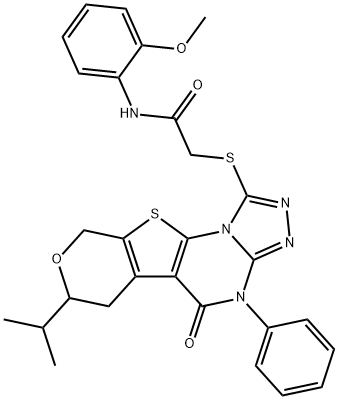 2-[(7-isopropyl-5-oxo-4-phenyl-4,5,6,9-tetrahydro-7H-pyrano[4',3':4,5]thieno[3,2-e][1,2,4]triazolo[4,3-a]pyrimidin-1-yl)sulfanyl]-N-(2-methoxyphenyl)acetamide 结构式