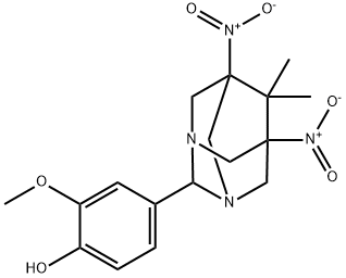 4-{5,7-bisnitro-6,6-dimethyl-1,3-diazatricyclo[3.3.1.1~3,7~]dec-2-yl}-2-methoxyphenol Struktur