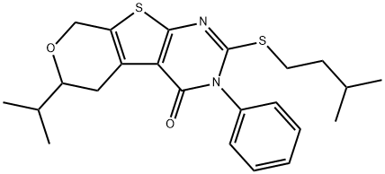 2-(isopentylsulfanyl)-6-isopropyl-3-phenyl-3,5,6,8-tetrahydro-4H-pyrano[4',3':4,5]thieno[2,3-d]pyrimidin-4-one 结构式