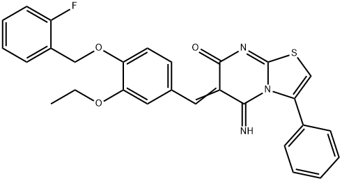 6-{3-ethoxy-4-[(2-fluorobenzyl)oxy]benzylidene}-5-imino-3-phenyl-5,6-dihydro-7H-[1,3]thiazolo[3,2-a]pyrimidin-7-one 化学構造式