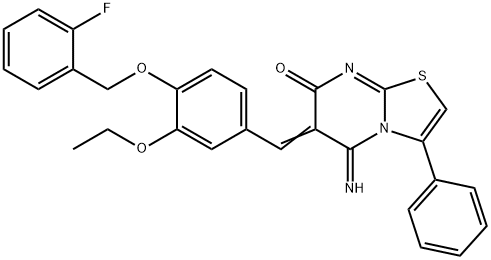 6-{3-ethoxy-4-[(2-fluorobenzyl)oxy]benzylidene}-5-imino-3-phenyl-5,6-dihydro-7H-[1,3]thiazolo[3,2-a]pyrimidin-7-one 结构式