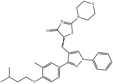 5-({3-[4-(isopentyloxy)-3-methylphenyl]-1-phenyl-1H-pyrazol-4-yl}methylene)-2-(4-morpholinyl)-1,3-thiazol-4(5H)-one 化学構造式