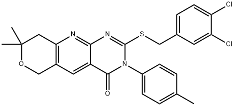 2-[(3,4-dichlorobenzyl)sulfanyl]-8,8-dimethyl-3-(4-methylphenyl)-3,6,8,9-tetrahydro-4H-pyrano[3',4':5,6]pyrido[2,3-d]pyrimidin-4-one 化学構造式