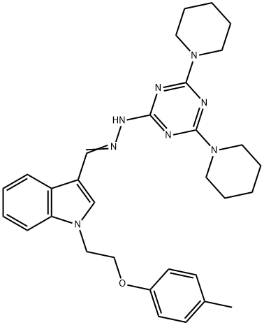 1-[2-(4-methylphenoxy)ethyl]-1H-indole-3-carbaldehyde [4,6-di(1-piperidinyl)-1,3,5-triazin-2-yl]hydrazone 化学構造式