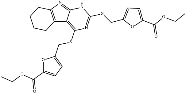 ethyl 5-({[2-({[5-(ethoxycarbonyl)-2-furyl]methyl}sulfanyl)-6,7,8,9-tetrahydro-5H-pyrimido[4,5-b]indol-4-yl]sulfanyl}methyl)-2-furoate Struktur