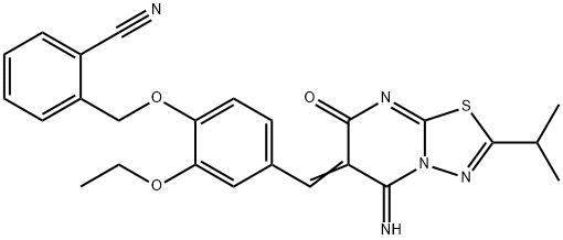 2-({2-ethoxy-4-[(5-imino-2-isopropyl-7-oxo-5H-[1,3,4]thiadiazolo[3,2-a]pyrimidin-6(7H)-ylidene)methyl]phenoxy}methyl)benzonitrile Struktur