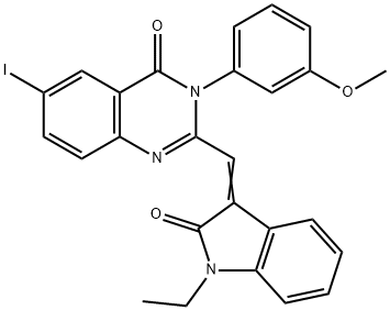 2-[(1-ethyl-2-oxo-1,2-dihydro-3H-indol-3-ylidene)methyl]-6-iodo-3-(3-methoxyphenyl)-4(3H)-quinazolinone,381202-57-9,结构式