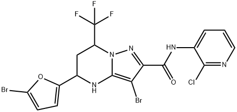 3-bromo-5-(5-bromo-2-furyl)-N-(2-chloro-3-pyridinyl)-7-(trifluoromethyl)-4,5,6,7-tetrahydropyrazolo[1,5-a]pyrimidine-2-carboxamide 化学構造式