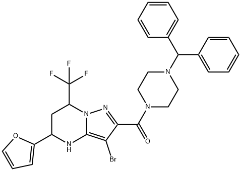 2-[(4-benzhydryl-1-piperazinyl)carbonyl]-3-bromo-5-(2-furyl)-7-(trifluoromethyl)-4,5,6,7-tetrahydropyrazolo[1,5-a]pyrimidine 化学構造式