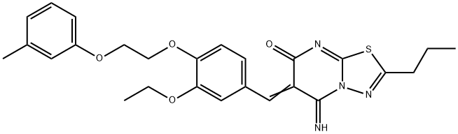 6-{3-ethoxy-4-[2-(3-methylphenoxy)ethoxy]benzylidene}-5-imino-2-propyl-5,6-dihydro-7H-[1,3,4]thiadiazolo[3,2-a]pyrimidin-7-one Struktur