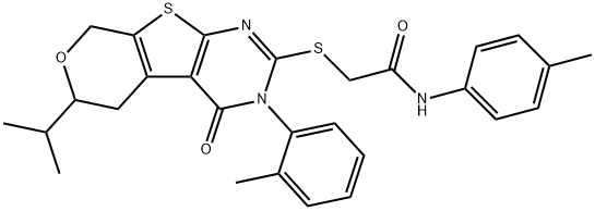 2-{[6-isopropyl-3-(2-methylphenyl)-4-oxo-3,5,6,8-tetrahydro-4H-pyrano[4',3':4,5]thieno[2,3-d]pyrimidin-2-yl]sulfanyl}-N-(4-methylphenyl)acetamide 结构式