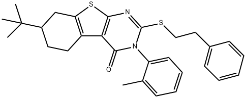 7-tert-butyl-3-(2-methylphenyl)-2-[(2-phenylethyl)sulfanyl]-5,6,7,8-tetrahydro[1]benzothieno[2,3-d]pyrimidin-4(3H)-one Struktur