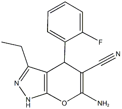 6-amino-3-ethyl-4-(2-fluorophenyl)-1,4-dihydropyrano[2,3-c]pyrazole-5-carbonitrile Struktur