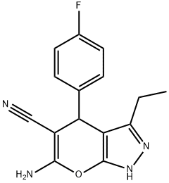 6-amino-3-ethyl-4-(4-fluorophenyl)-1,4-dihydropyrano[2,3-c]pyrazole-5-carbonitrile Struktur