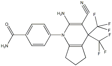 4-[2-amino-3-cyano-4,4-bis(trifluoromethyl)-4,5,6,7-tetrahydro-1H-cyclopenta[b]pyridin-1-yl]benzamide Struktur