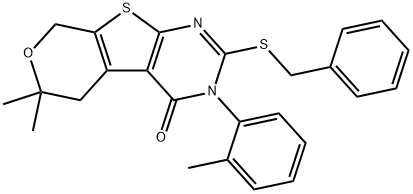 2-(benzylsulfanyl)-6,6-dimethyl-3-(2-methylphenyl)-3,5,6,8-tetrahydro-4H-pyrano[4',3':4,5]thieno[2,3-d]pyrimidin-4-one Struktur