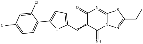 6-{[5-(2,4-dichlorophenyl)-2-furyl]methylene}-2-ethyl-5-imino-5,6-dihydro-7H-[1,3,4]thiadiazolo[3,2-a]pyrimidin-7-one Struktur