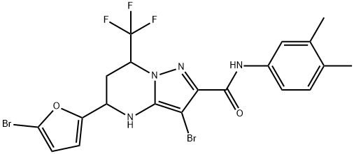 3-bromo-5-(5-bromo-2-furyl)-N-(3,4-dimethylphenyl)-7-(trifluoromethyl)-4,5,6,7-tetrahydropyrazolo[1,5-a]pyrimidine-2-carboxamide 结构式