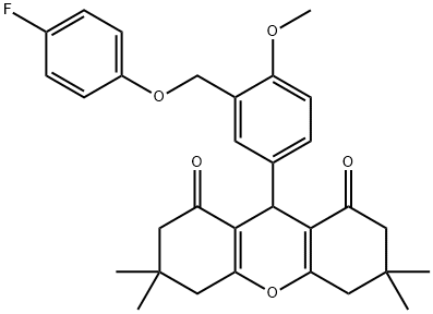 9-{3-[(4-fluorophenoxy)methyl]-4-methoxyphenyl}-3,3,6,6-tetramethyl-3,4,5,6,7,9-hexahydro-1H-xanthene-1,8(2H)-dione 化学構造式
