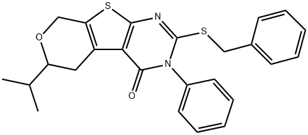 2-(benzylsulfanyl)-6-isopropyl-3-phenyl-3,5,6,8-tetrahydro-4H-pyrano[4',3':4,5]thieno[2,3-d]pyrimidin-4-one Struktur