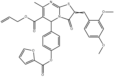 allyl 2-(2,4-dimethoxybenzylidene)-5-[4-(2-furoyloxy)phenyl]-7-methyl-3-oxo-2,3-dihydro-5H-[1,3]thiazolo[3,2-a]pyrimidine-6-carboxylate 化学構造式