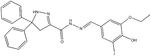N'-(3-ethoxy-4-hydroxy-5-iodobenzylidene)-5,5-diphenyl-4,5-dihydro-1H-pyrazole-3-carbohydrazide 化学構造式