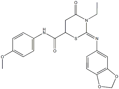 2-(1,3-benzodioxol-5-ylimino)-3-ethyl-N-(4-methoxyphenyl)-4-oxo-1,3-thiazinane-6-carboxamide,384369-98-6,结构式