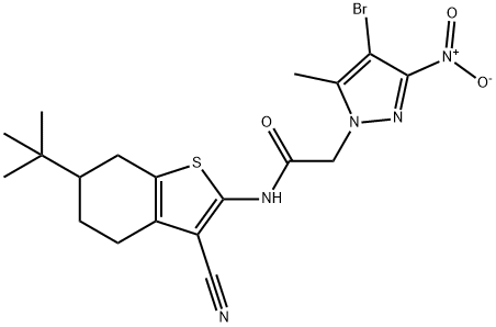 2-{4-bromo-3-nitro-5-methyl-1H-pyrazol-1-yl}-N-(6-tert-butyl-3-cyano-4,5,6,7-tetrahydro-1-benzothien-2-yl)acetamide,384821-63-0,结构式