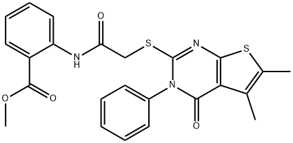 methyl 2-({[(5,6-dimethyl-4-oxo-3-phenyl-3,4-dihydrothieno[2,3-d]pyrimidin-2-yl)sulfanyl]acetyl}amino)benzoate Structure