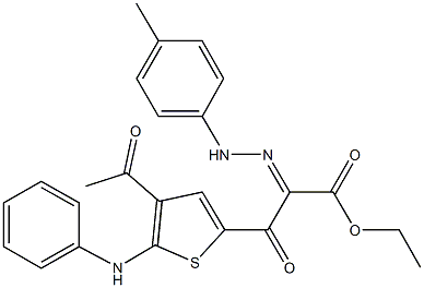 ethyl 3-(4-acetyl-5-anilino-2-thienyl)-2-[(4-methylphenyl)hydrazono]-3-oxopropanoate 化学構造式