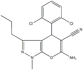 6-amino-4-(2,6-dichlorophenyl)-1-methyl-3-propyl-1,4-dihydropyrano[2,3-c]pyrazole-5-carbonitrile 结构式