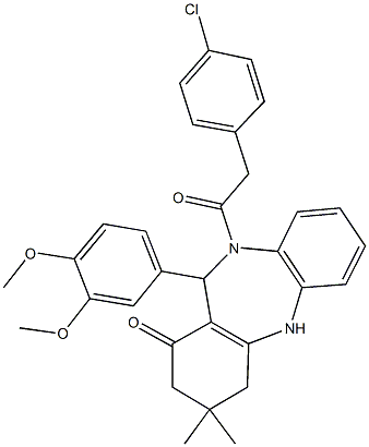 10-[(4-chlorophenyl)acetyl]-11-(3,4-dimethoxyphenyl)-3,3-dimethyl-2,3,4,5,10,11-hexahydro-1H-dibenzo[b,e][1,4]diazepin-1-one Struktur