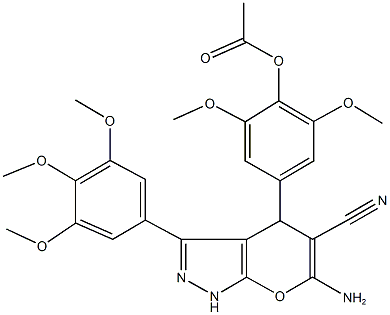 4-[6-amino-5-cyano-3-(3,4,5-trimethoxyphenyl)-1,4-dihydropyrano[2,3-c]pyrazol-4-yl]-2,6-dimethoxyphenyl acetate 结构式