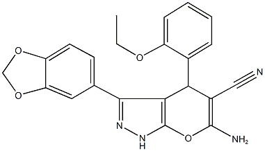 6-amino-3-(1,3-benzodioxol-5-yl)-4-(2-ethoxyphenyl)-1,4-dihydropyrano[2,3-c]pyrazole-5-carbonitrile,389083-52-7,结构式