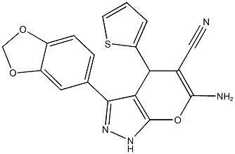 6-amino-3-(1,3-benzodioxol-5-yl)-4-(2-thienyl)-1,4-dihydropyrano[2,3-c]pyrazole-5-carbonitrile 结构式