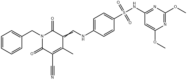 4-{[(1-benzyl-5-cyano-4-methyl-2,6-dioxo-1,6-dihydropyridin-3(2H)-ylidene)methyl]amino}-N-(2,6-dimethoxypyrimidin-4-yl)benzenesulfonamide Struktur