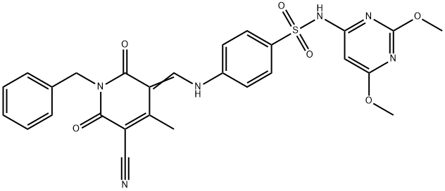 4-{[(1-benzyl-5-cyano-4-methyl-2,6-dioxo-1,6-dihydropyridin-3(2H)-ylidene)methyl]amino}-N-(2,6-dimethoxypyrimidin-4-yl)benzenesulfonamide 结构式