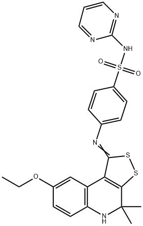 4-[(8-ethoxy-4,4-dimethyl-4,5-dihydro-1H-[1,2]dithiolo[3,4-c]quinolin-1-ylidene)amino]-N-(2-pyrimidinyl)benzenesulfonamide 化学構造式