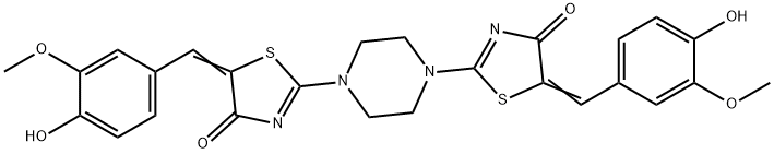 5-(4-hydroxy-3-methoxybenzylidene)-2-{4-[5-(4-hydroxy-3-methoxybenzylidene)-4-oxo-4,5-dihydro-1,3-thiazol-2-yl]-1-piperazinyl}-1,3-thiazol-4(5H)-one 化学構造式