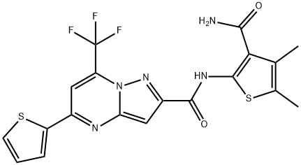 N-[3-(aminocarbonyl)-4,5-dimethyl-2-thienyl]-5-(2-thienyl)-7-(trifluoromethyl)pyrazolo[1,5-a]pyrimidine-2-carboxamide 化学構造式