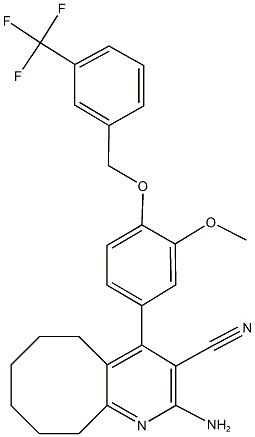 2-amino-4-(3-methoxy-4-{[3-(trifluoromethyl)benzyl]oxy}phenyl)-5,6,7,8,9,10-hexahydrocycloocta[b]pyridine-3-carbonitrile 化学構造式