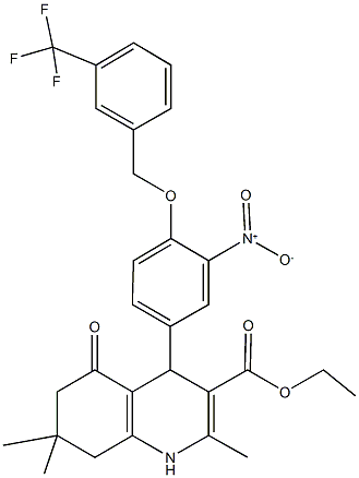 ethyl 4-(3-nitro-4-{[3-(trifluoromethyl)benzyl]oxy}phenyl)-2,7,7-trimethyl-5-oxo-1,4,5,6,7,8-hexahydro-3-quinolinecarboxylate 结构式