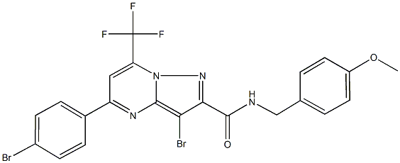 3-bromo-5-(4-bromophenyl)-N-(4-methoxybenzyl)-7-(trifluoromethyl)pyrazolo[1,5-a]pyrimidine-2-carboxamide 化学構造式