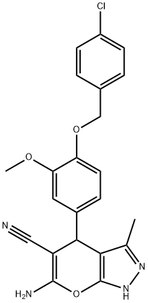 6-amino-4-{4-[(4-chlorobenzyl)oxy]-3-methoxyphenyl}-3-methyl-1,4-dihydropyrano[2,3-c]pyrazole-5-carbonitrile Structure