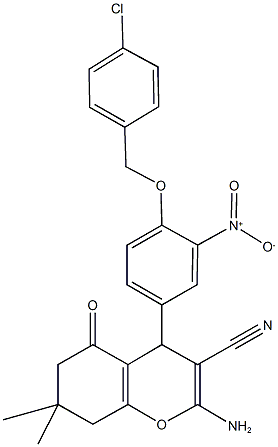 2-amino-4-{4-[(4-chlorobenzyl)oxy]-3-nitrophenyl}-7,7-dimethyl-5-oxo-5,6,7,8-tetrahydro-4H-chromene-3-carbonitrile 化学構造式